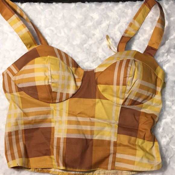 Plaid Vintage twine & string NY CORSET PLAID TOP padded  brown plaid size M - Picture 6 of 13